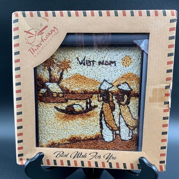 NEW IN BOX Vietnam Hand Crafted Framed Rice Art Wall Hanging 8" x 8" - Picture 3 of 8